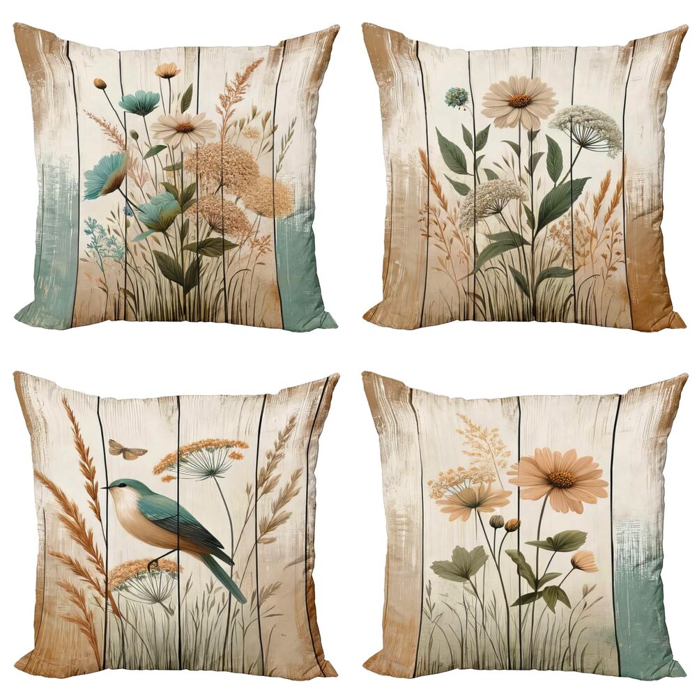 4372 Farmhouse Throw Pillow Cushion Cover Set of 4, Rustic Floral Meadow